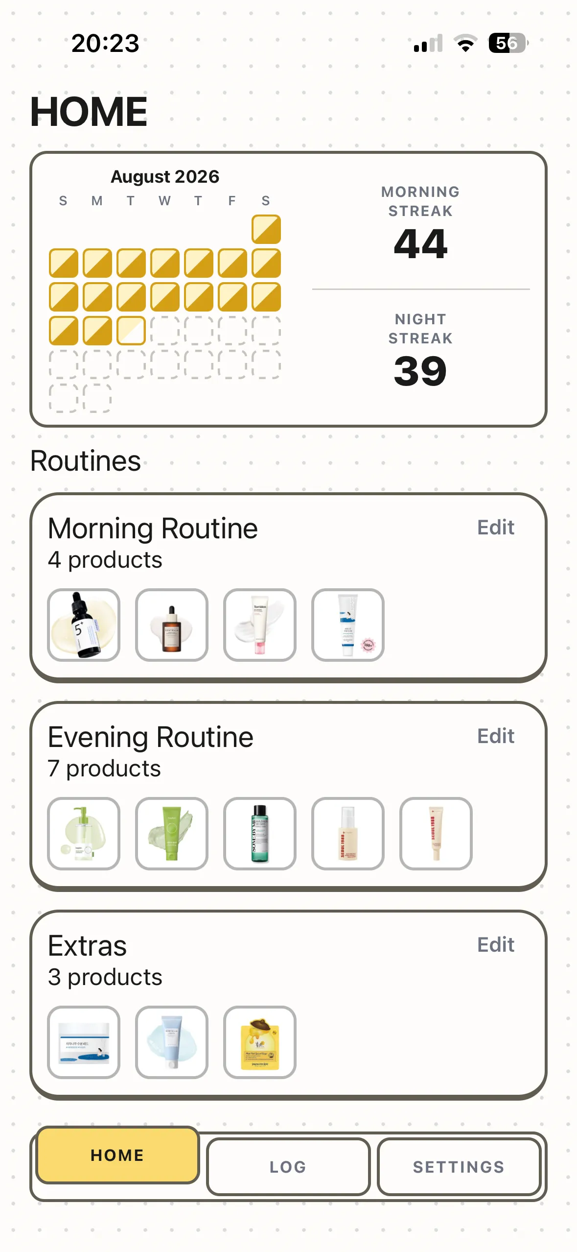 MimiSkin home screen with a calendar and morning and night streaks